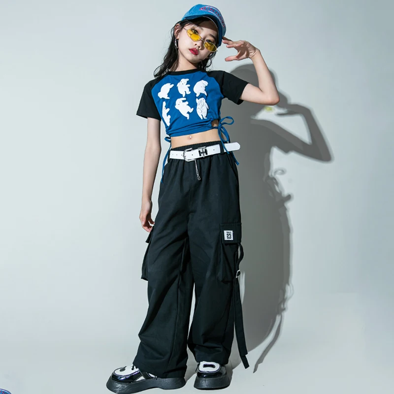 

2023 Children Jazz Dance Costumes For Kids Blue Crop Tops Cargo Pants Suit Streetwear Girls Hip Hop Dance Rave Clothes DQS13428