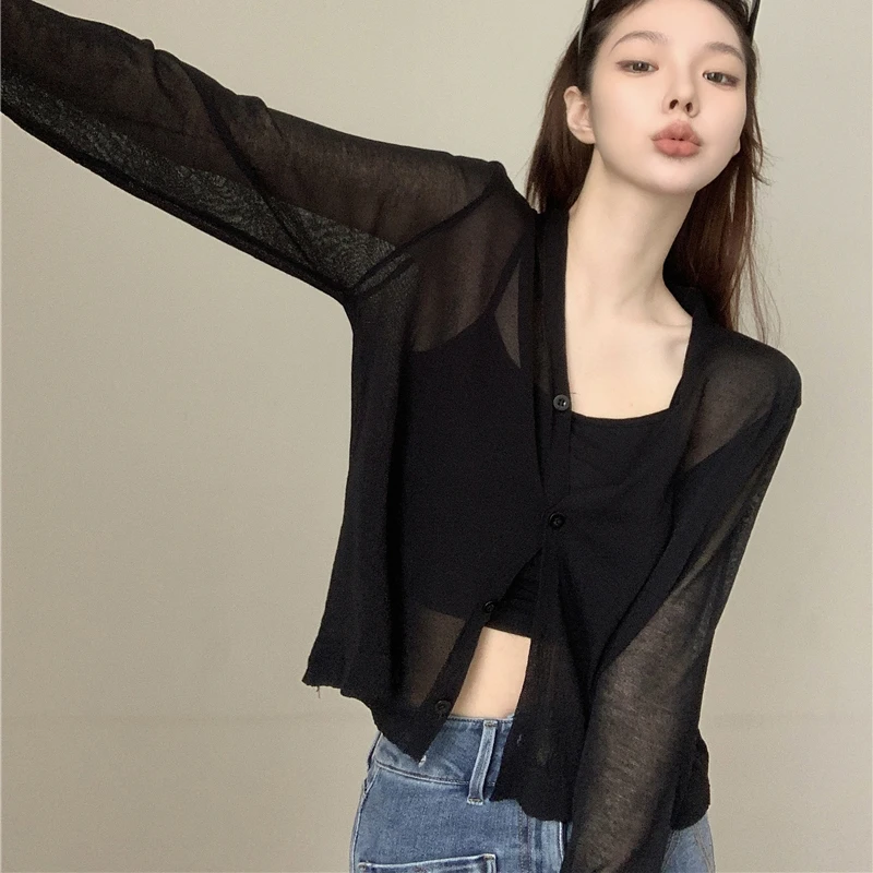 Summer Knitted Cardigans Women New Korean Loose V-neck Long Sleeve Thin Cropped Cardigan Tops Mujer