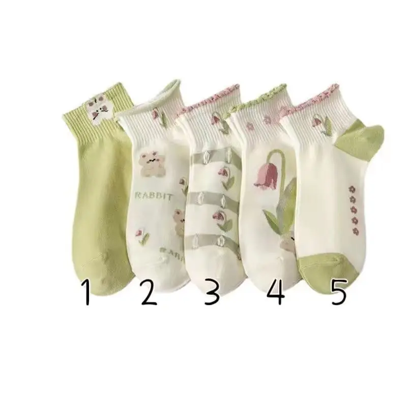 5 Pairs Women Cotton Floral Cartoon Cute Socks Set Spring Summer Female Girls Breathable Students Short Socks Set For Women