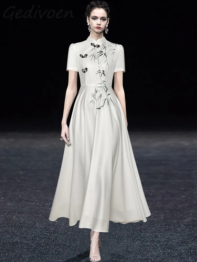 

Женское платье с воротником-стойкой Gedivoen, летнее модельное платье с винтажным принтом, длинное платье с высокой талией и пуговицами со стразами