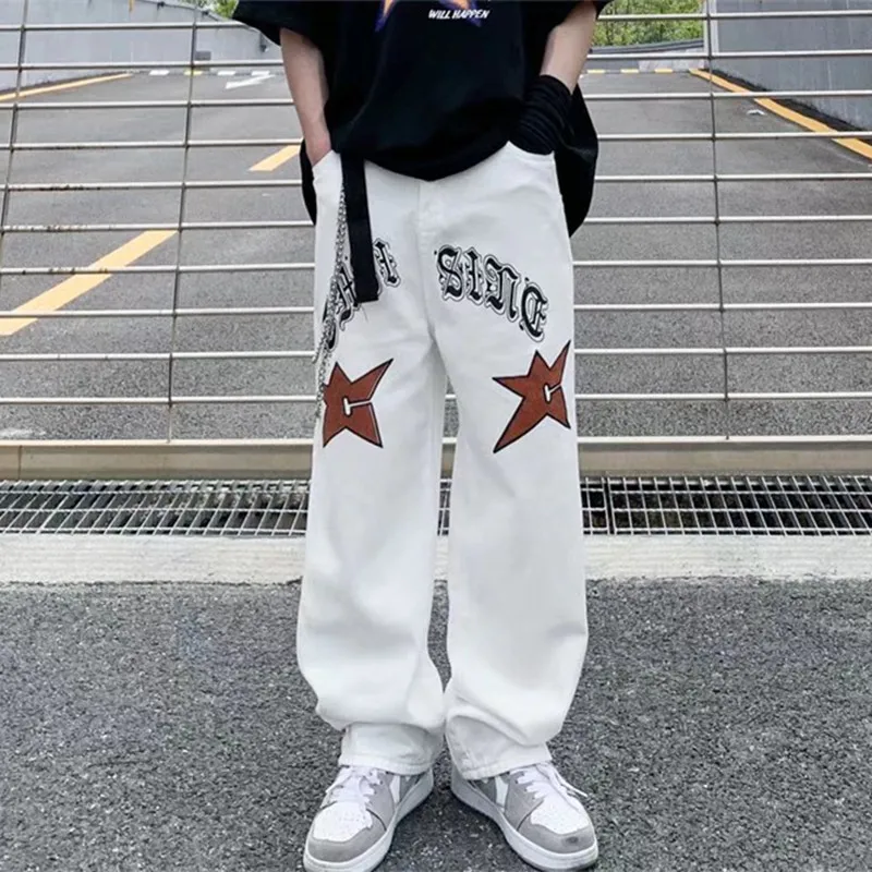 2022 New Arrivals Star Print Harajuku White Men Baggy Jeans Trousers Hip Hop Straight Loose Women Casual Denim Pants Ropa Hombre