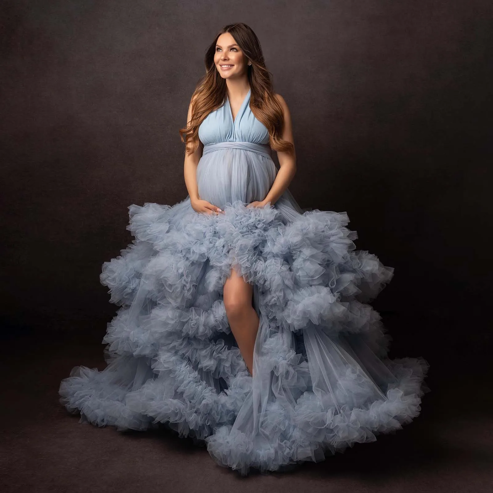 

Modest Blue Ruffled Tulle Maternity Dress For Photo Shoot Baby Shower A-line Long Bridal Tulle Robe Pregnancy Photoshoots Dress