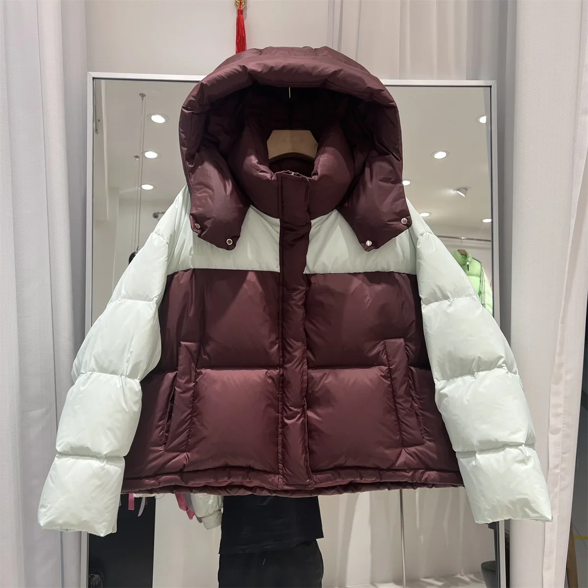 

Fashion 2023 New Winter Women Puffer Jacket Hooded Thick Color-block Bread Casual 90% White Duck Down Coat Female Warm Parka