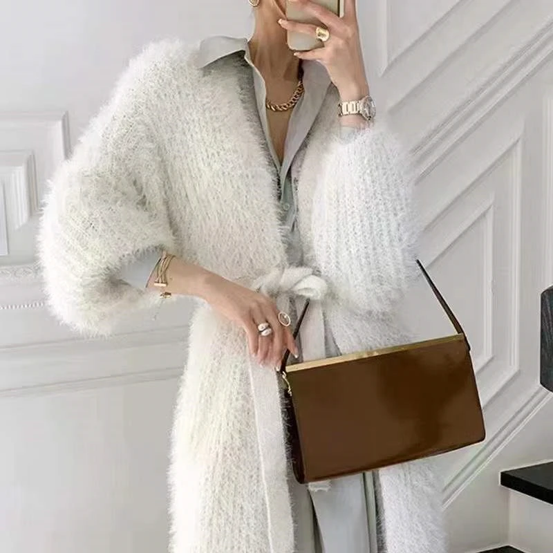 

Long Mink Cashmere Cardigans Sashes Women Knitted Sweater Dress Casual Elegant Korean Autumn Winter Thickened Oversized O175