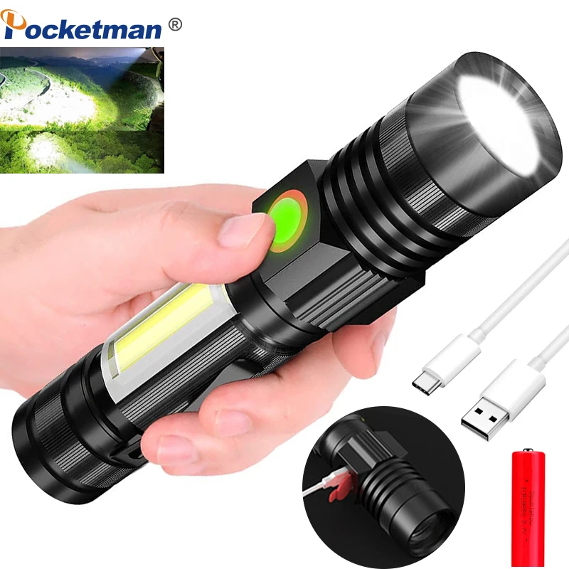 

USB Rechargeable Flashlights Magnetic LED torch Super Bright with Cob Sidelight Waterproof Zoomable Flashlight for Camping