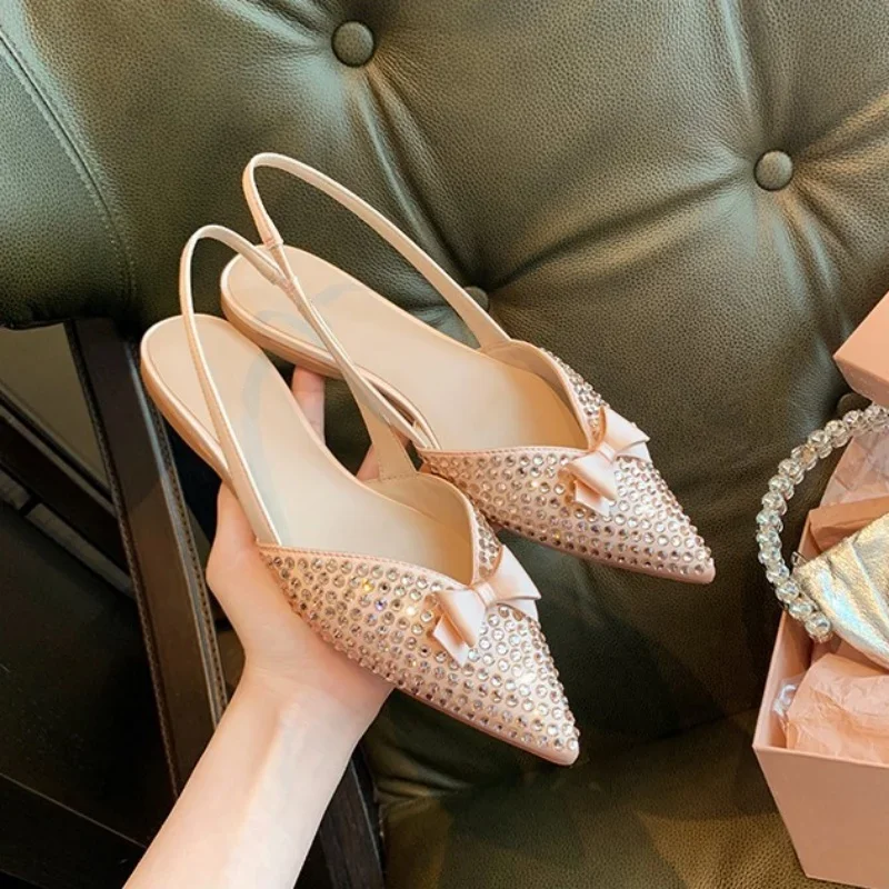 Сандалии женские с заостренным носком модные туфли кристаллами бантом-бабочкой