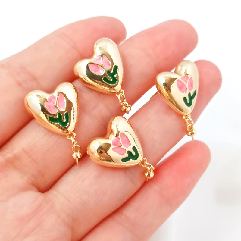 

1 pair Copper clad 14K gold drop oil tulips Heart shaped ear nail DIY jewelry making and discovery Earrings accessories