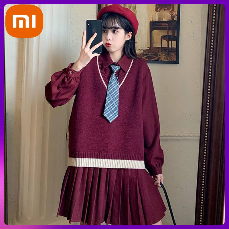 

Xiaomi Women Kawaii Dress Two-piece Suit Preppy Style Sweet Loose Long Sleeve Shirt Dresses Spring Autumn Korean Style Outfits