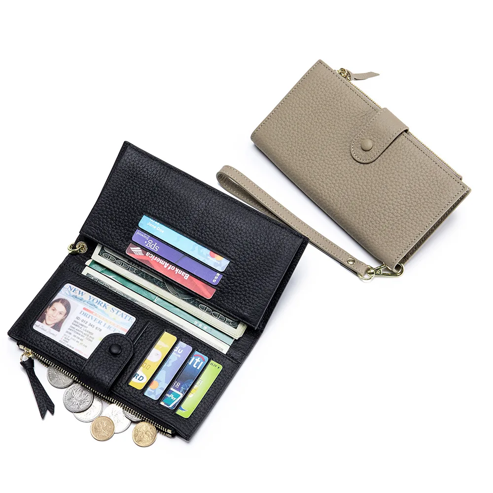 

A6919 European Style Lady Genuine Top Layer Cow Leather Wrist Belt Long Folding Wallets Card Slots Billfolds Women Handy Purses