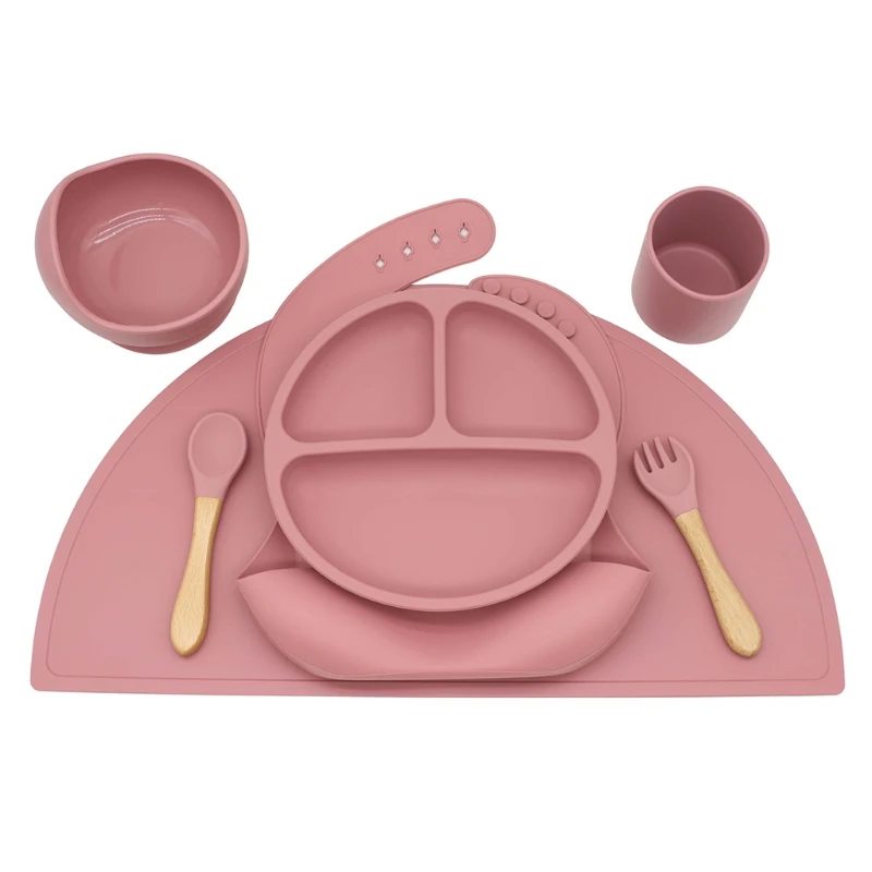 

Baby Silicone Bib Divided Dinner Plate Suction Bowl Spoon Fork Water Cup Placemat Set Training Feeding Food Utensil Dishes Kit