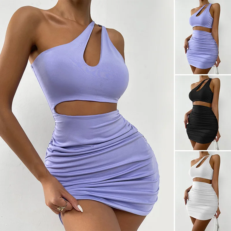 

1pc Women's Fashion Summer One Shoulder Hollow High Waist Bocycon Dress Mini Dress Pleated Clubwear Party