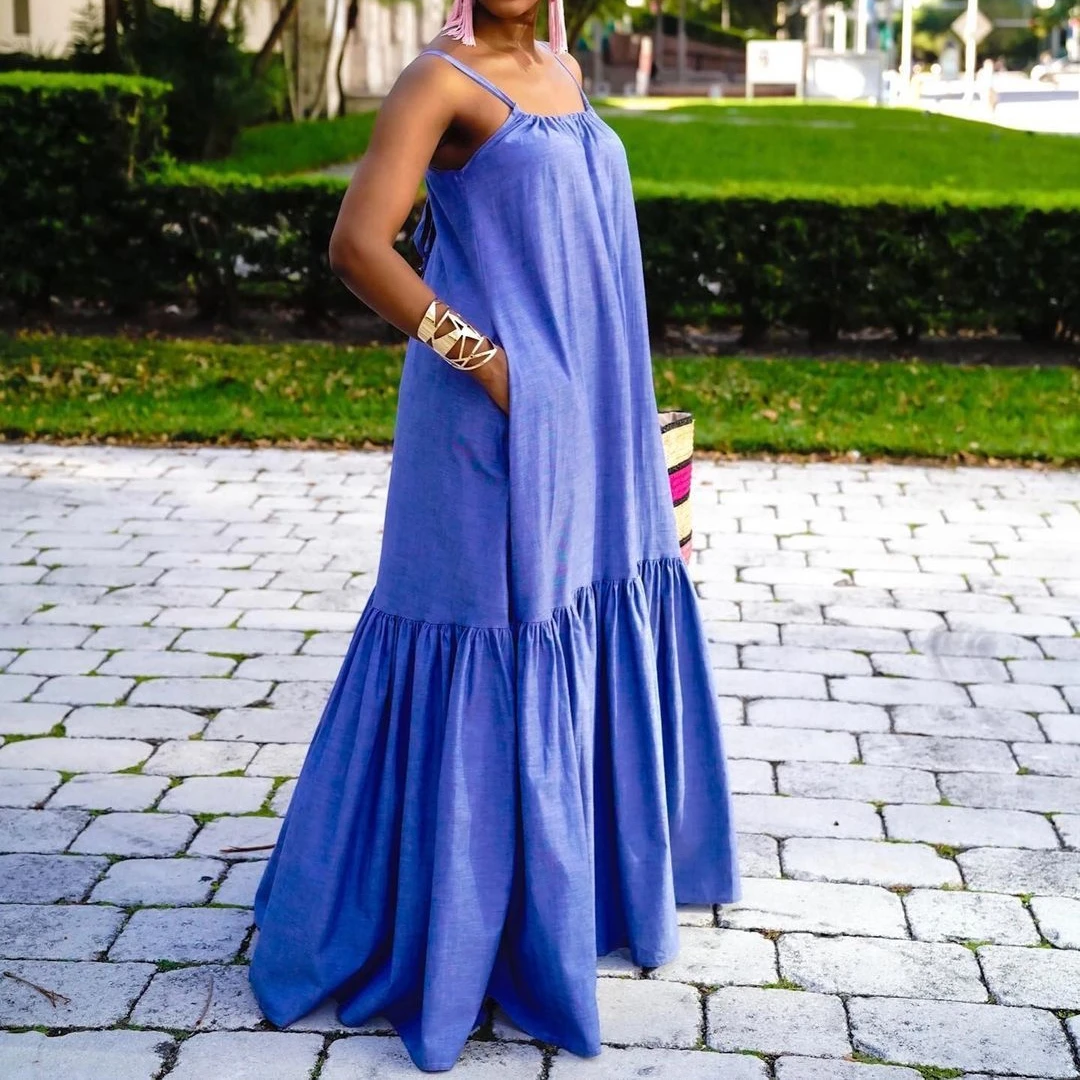 

Модное летнее платье в африканском стиле Indie для женщин, синие бандажные платья без рукавов на бретелях-спагетти, свободные платья в пол, пов...