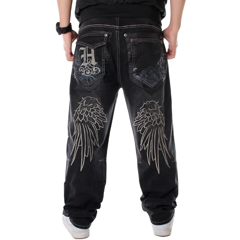 

Street Dance Wide Legs Baggy Jeans Men Fashion Embroidery Black Loose Board Denim Pants Male Rap Hip Hop Jeans Plus Size 30-46