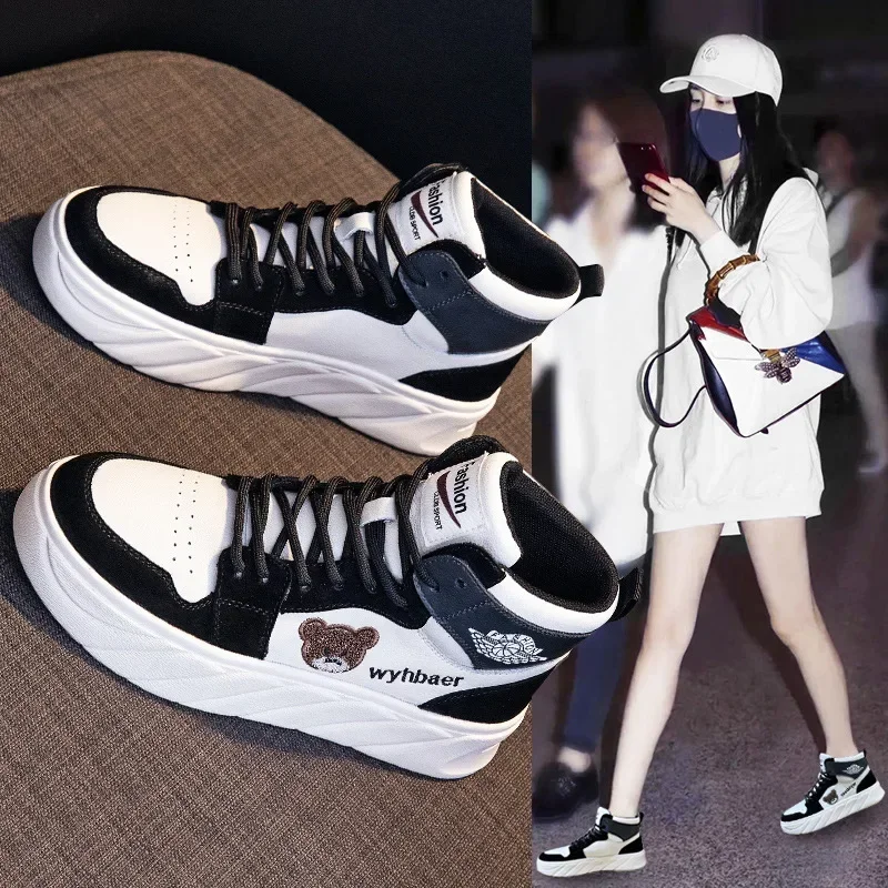 

High-top small white shoes woman bear father shoes autumn and winter style sports casual shoes plus velvet heating plate shoes