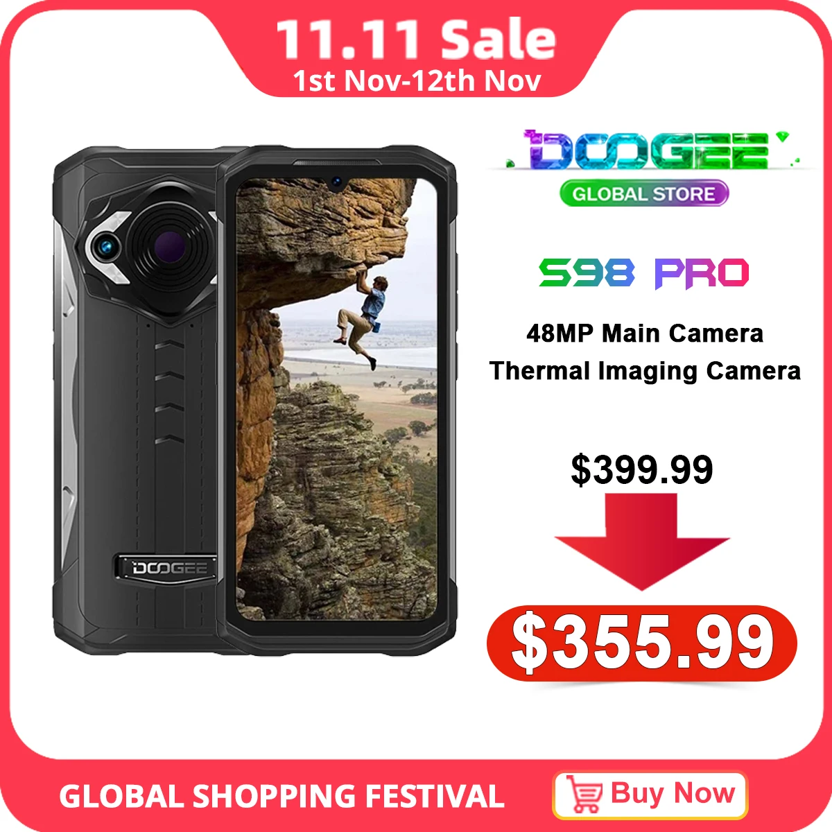 DOOGEE S98 Pro 8GB+256GB Rugged Phone Thermal Imaging camera Phone Helio G96 33W Fast Charge IP68/IP69K smartphone