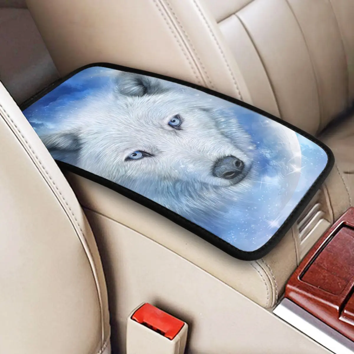 

White Wolf Moon Car Accessories Car Handrail Box Cushion Custom Print Non-slip Car Armrest Cover