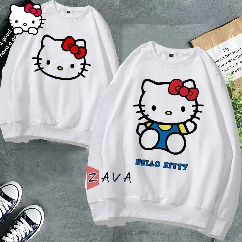

Sanrio Hello Kitty Cat Plush White Long Sleeved Sweater Cute Female Cartoon Printed Women Loose Versatile Top Aesthetic Clothes
