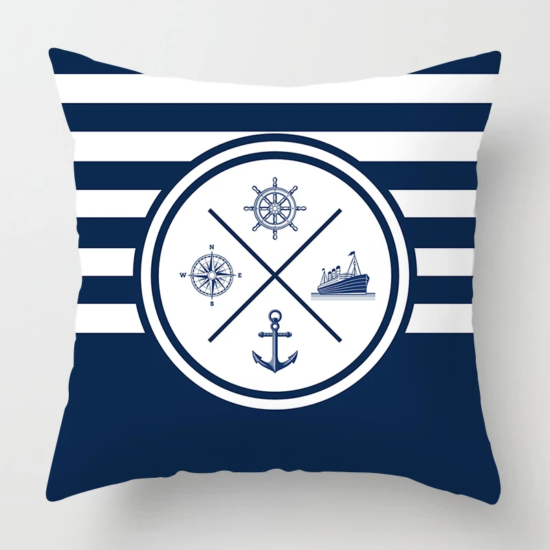 

Наволочка полиэстер/хлопок темно-синяя морская серия с компасом 45*45