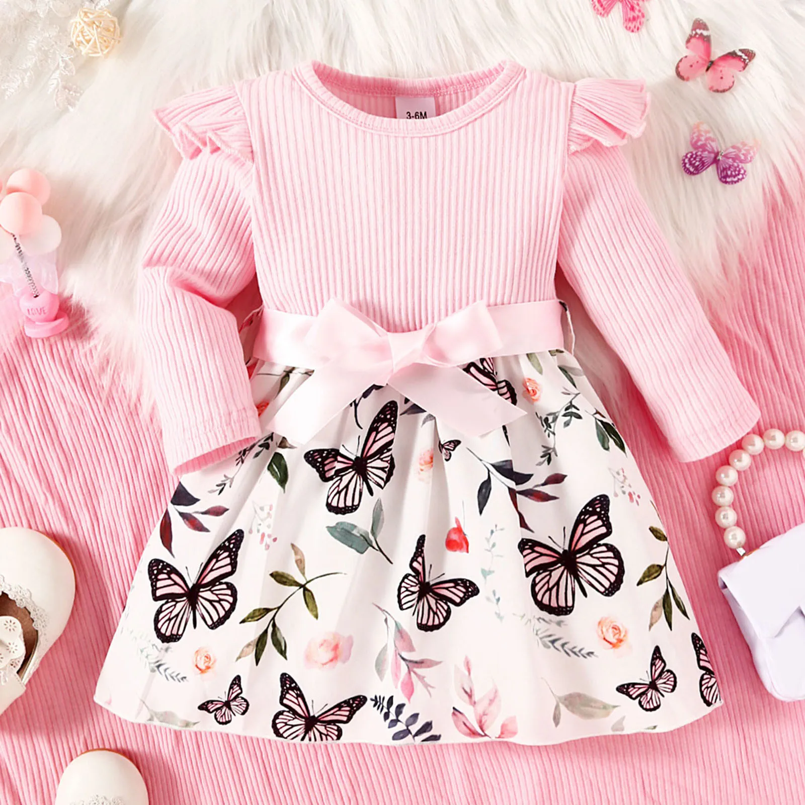 

Toddler Girls Elegant Dresses Autumn Long Sleeve Butterfly Print Ruffles Bowknot Princess Dress Kids Party Ball Gowns Dresses