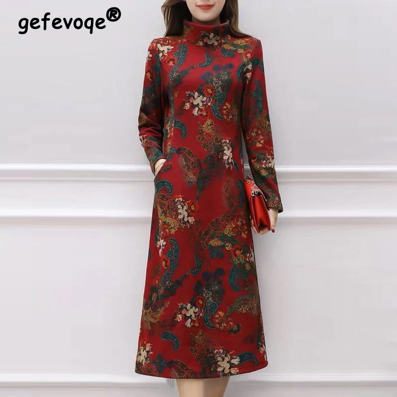 

Vintage Elegant Turtleneck Floral Print Middle Aged Women Winter Thicken Warm Slim Dresses Female Casual Long Sleeve Midi Dress