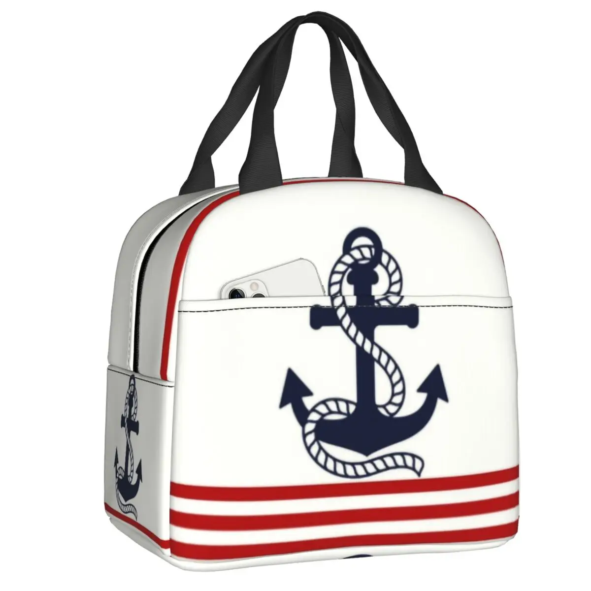 Navy Blue Stripes Nautical Anchor Boat Insulated Lunch Tote Bag for Women Resuable Cooler Thermal Food Lunch Box Camping Travel