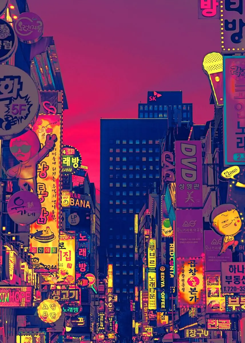 Корейский неоновый Городской Ночной уличный плакат эстетика Сеул Токио Kpop