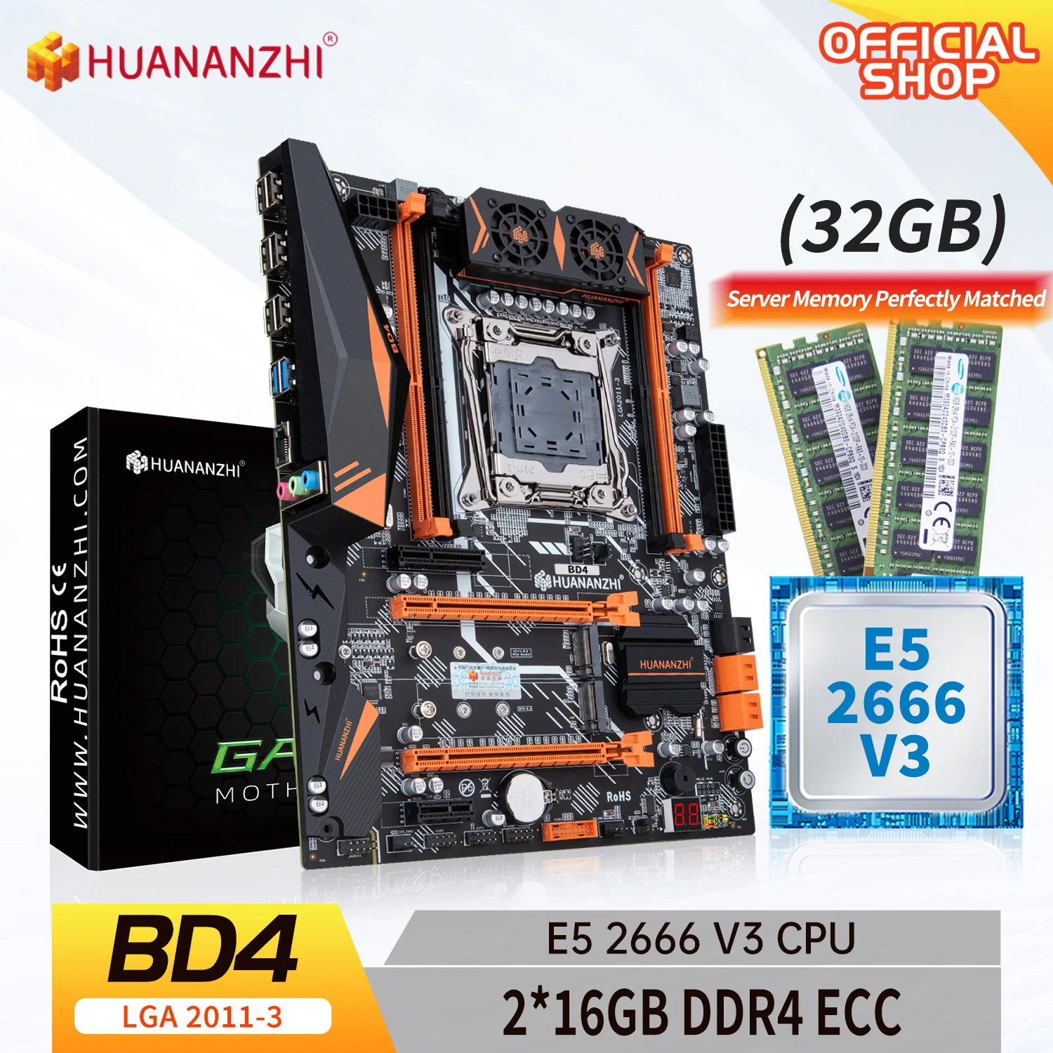 HUANANZHI X99 BD4 LGA 2011-3 XEON X99 материнская плата с Intel E5 2666 v3 с 2*16G DDR4 RECC память комбинированный комплект NVME NGFF