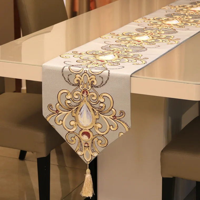 

Luxury embossed gemstone flower European classical dining table decoration table runner blue, gold, coffee color