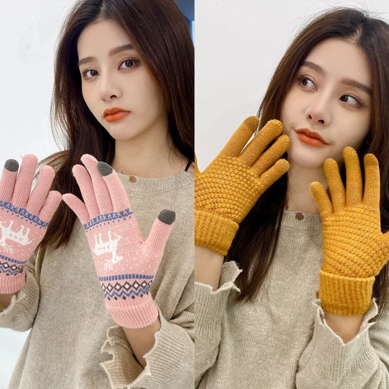 

6 Color Fashion Knitted Thick Gloves For Men & Women Christmas Deer Printed Gloves Warm Autumn Winter Full finger Gloves