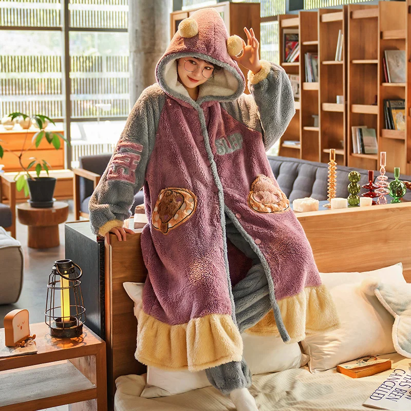 FUNISHI Cartoon Nightdress Winter Pajamas Inspissate Coral Fleece Loose Version Hooded Women Sleepwear Plus Size Pajama Set