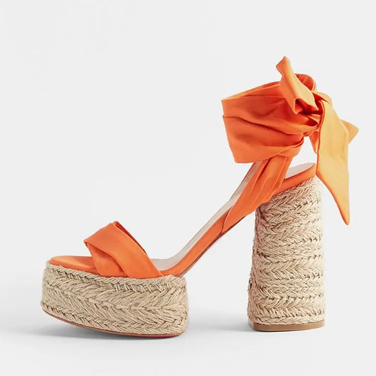 

Orange Tie Up Sandals Women'S Braided Platform Shoes Open Toe Chunky Heels