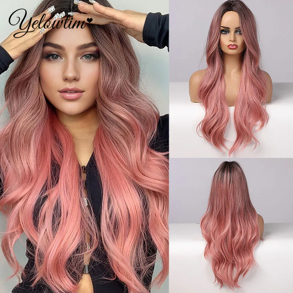 YELOWTIM Синтетический парик из волос от черного до розового цвета натуральный