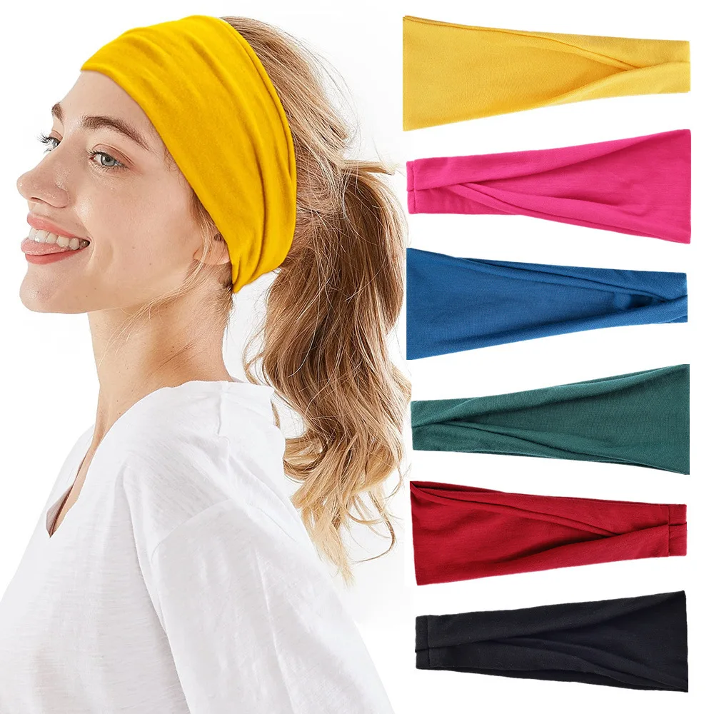 

Wide Knitting Cross Headband For Women Fashion Solid Color Elastic Yoga Turban Bandage Bandanas HairBands