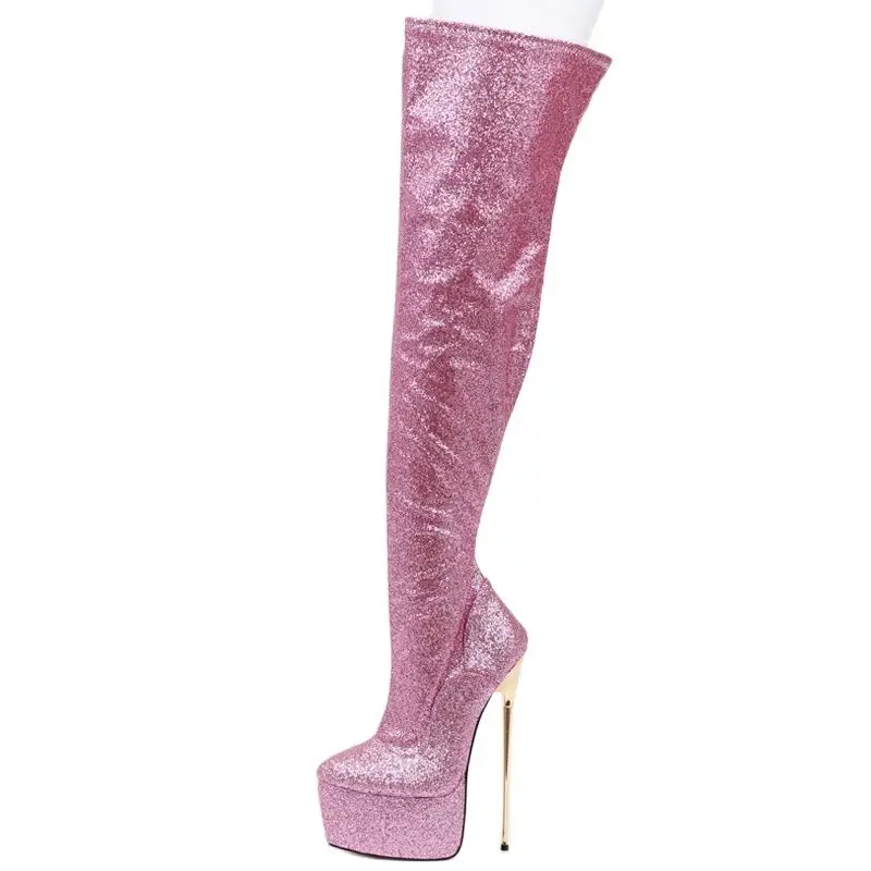

American Style Glitter Round Toe 22CM Super High Heel Platform Side-Zip Fashion Sexy Over Knee Thigh Long Women's Boots Custom