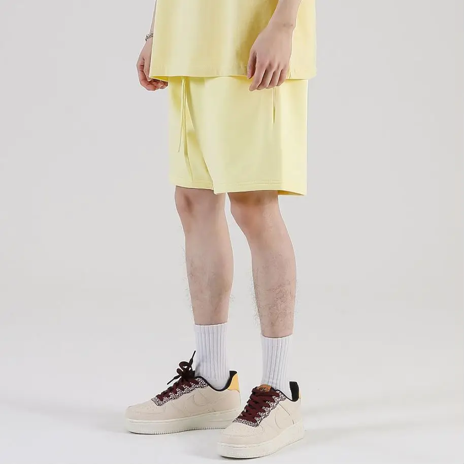 380g Mens Summer Mid Waist Cotton Shorts Solid Casual Drawstring Sports Short Pants Customized Embroidered Fashion Hot Shorts