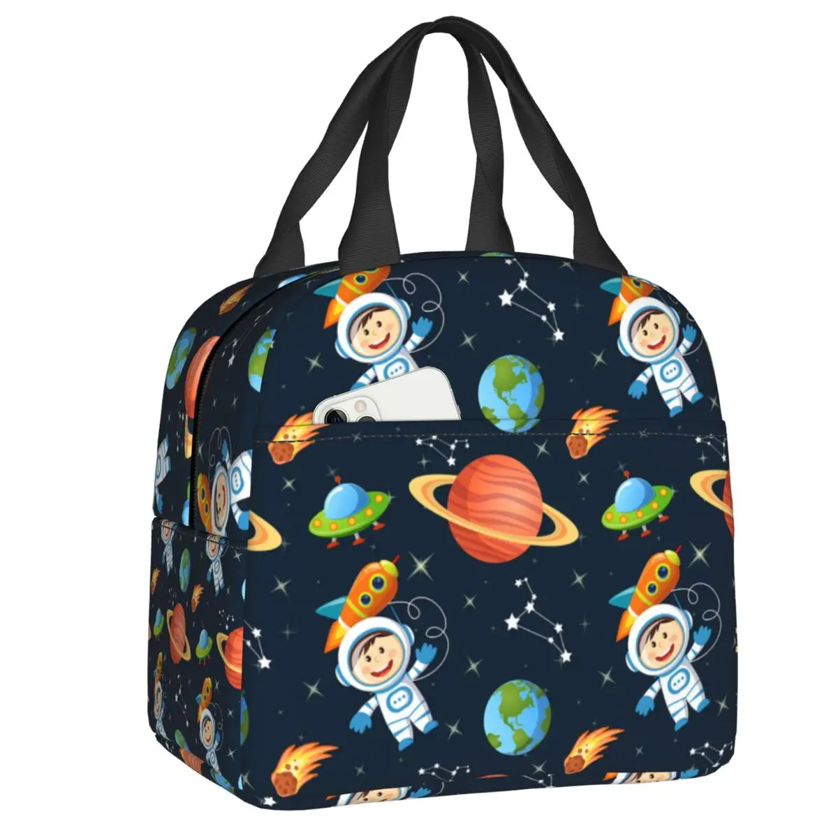 Space Universe Astronaut Lunch Bag Thermal Cooler Insulated Cartoon Spaceship Spaceman Lunch Box for Women Kids School Food Bags