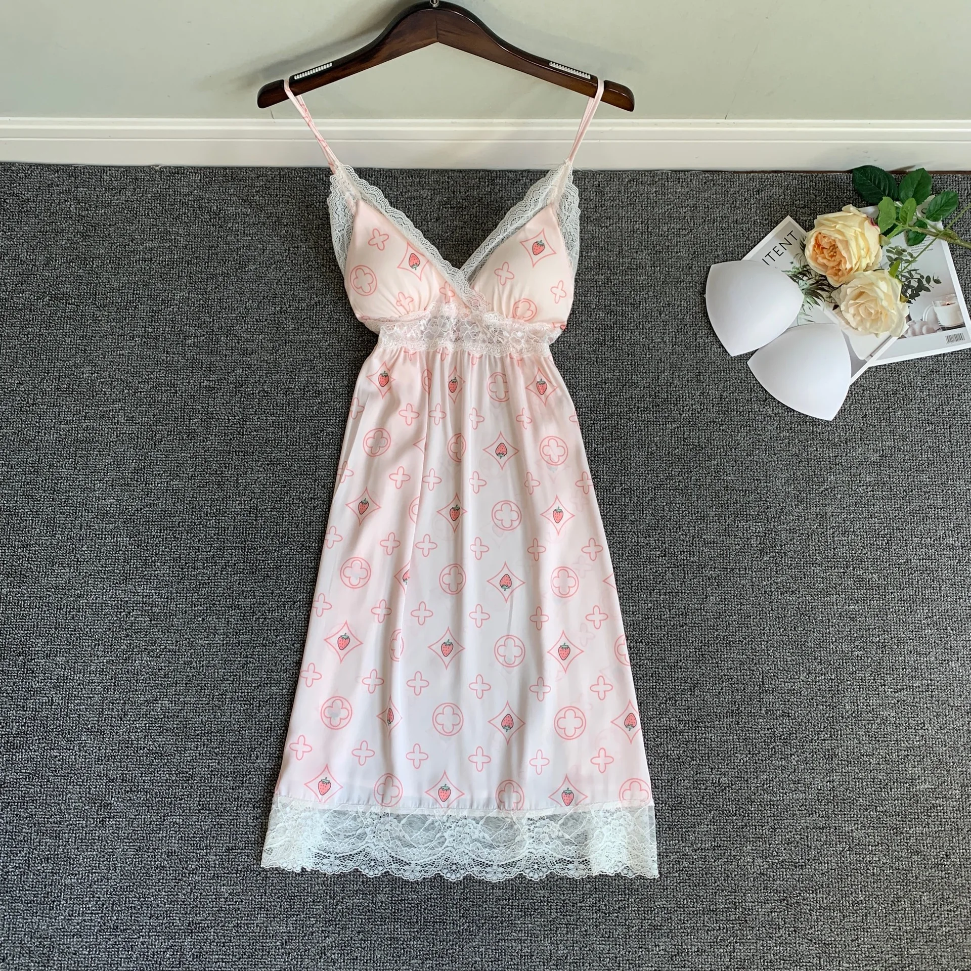 Printed suspender nightdress ladies summer ice and snow silk sexy pajamas pure desire small fresh home clothes sleepwear