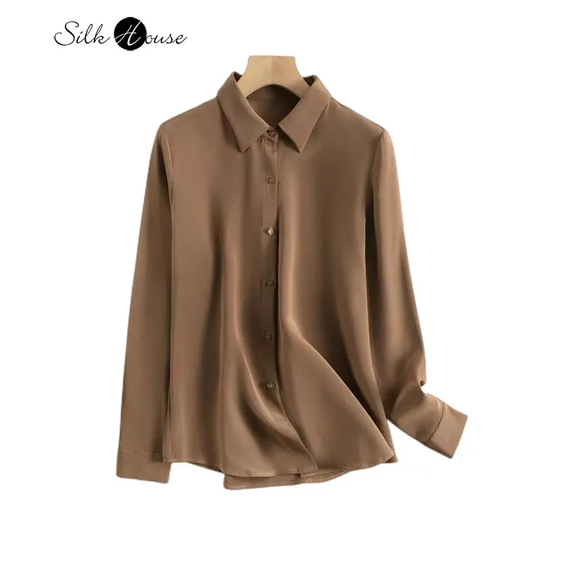 

Spring and Autumn Women's Fashion New 30MM Heavy Silk Brown OL Style Simple Light Luxury Fashion Top Versatile Shirt