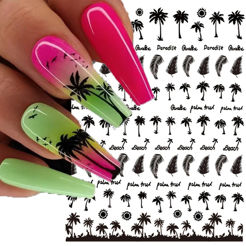 Stickers for Nails Summer Nail Stickers Palm Coconut Tree Seaside Beach Vacation Nails Design Decoration Press on Nails Sticker