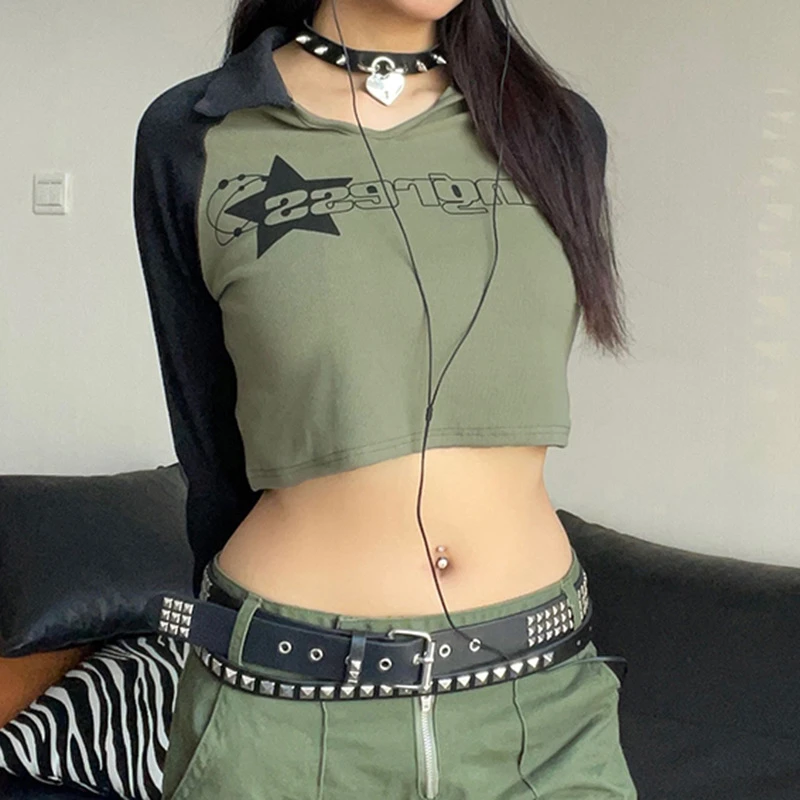 

Spring Fashion Slim Sexy Print Letters Long Sleeve Turn-cown Collar Tee Shirt T-Shirts Women Girl Casual Short Tshirt Crop Top