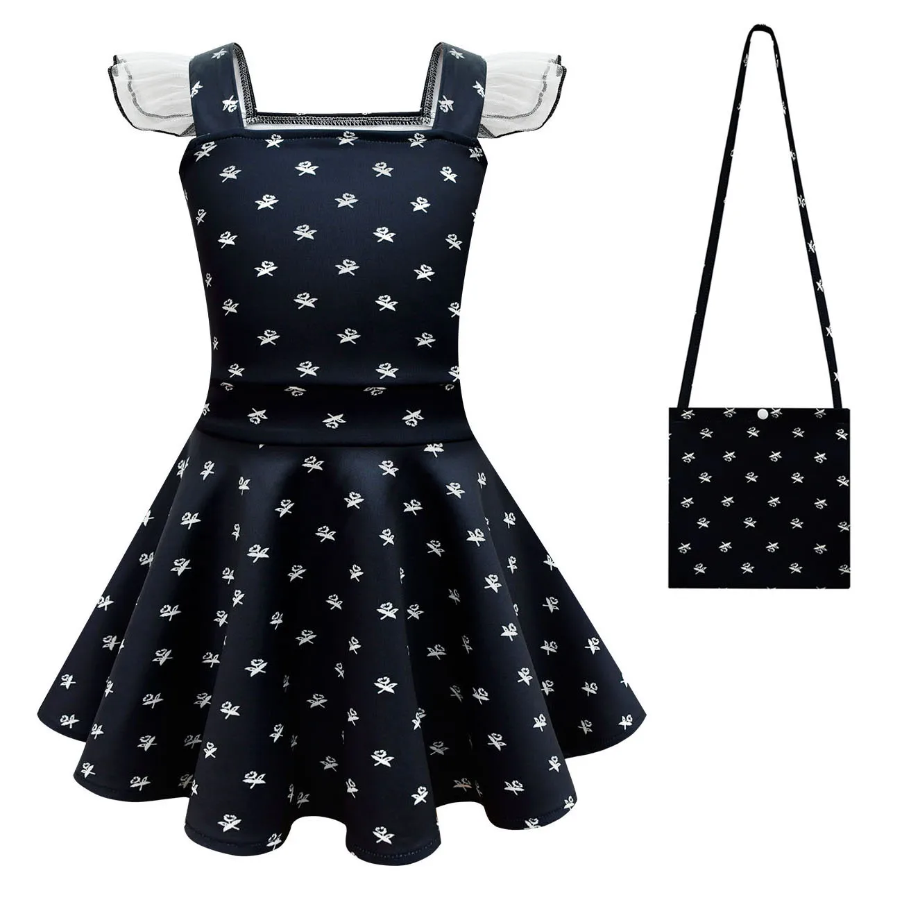 

Little Girls Anime Movie Addams Polka Dot Printing Ruffle Lace Black Dress Kids Fashion Casual Party Cosplay Costumes Outfit