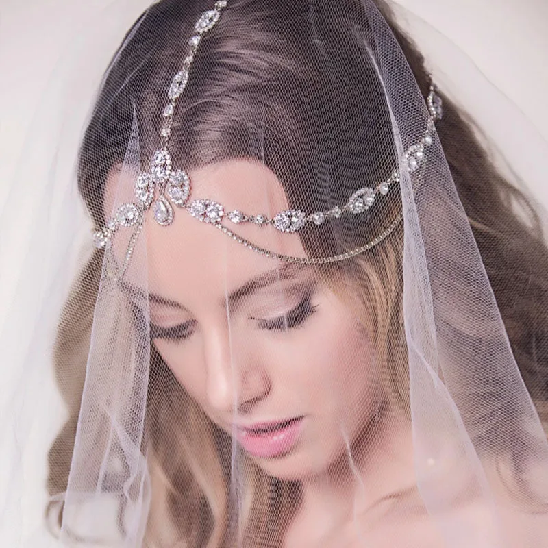 Women Fashion Rhinestone Head Chain Layered Headband Tassel Wedding Bride Hair Accessories Jewelry