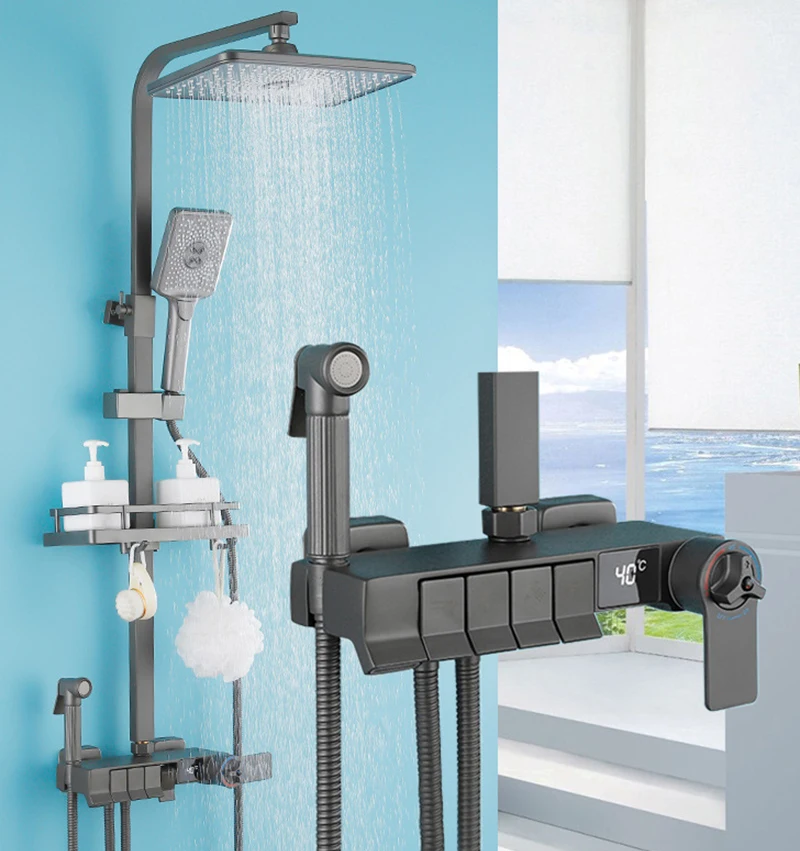 

Wholesale,Retail Gray Thermostatic Digital Display Shower Rack Faucet Bathroom Faucet Bathtub Faucet Showers Sets Mixer Crane