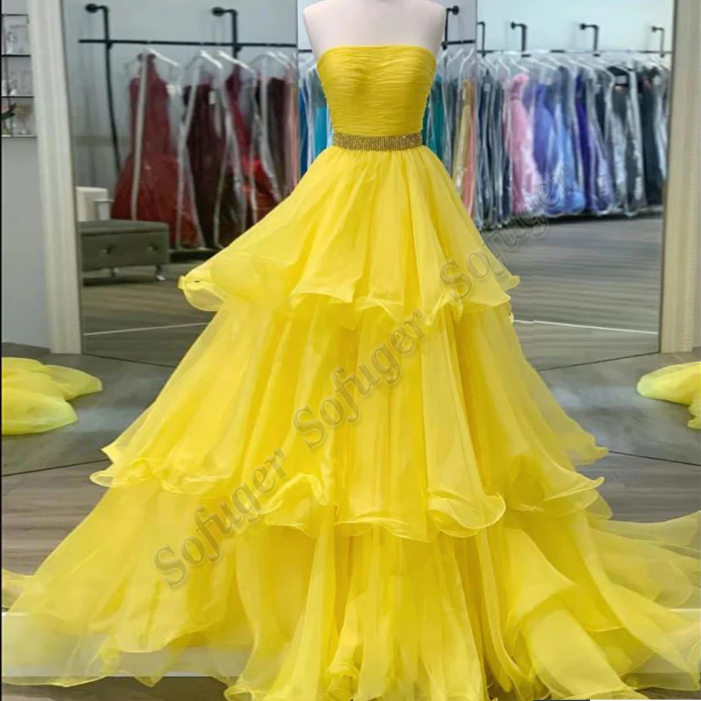 

SOFUGE Strapless Bright Yellow Tiered Evening Dresses For Women Floor Length Party Prom Dresses Customised Robes De Soirée