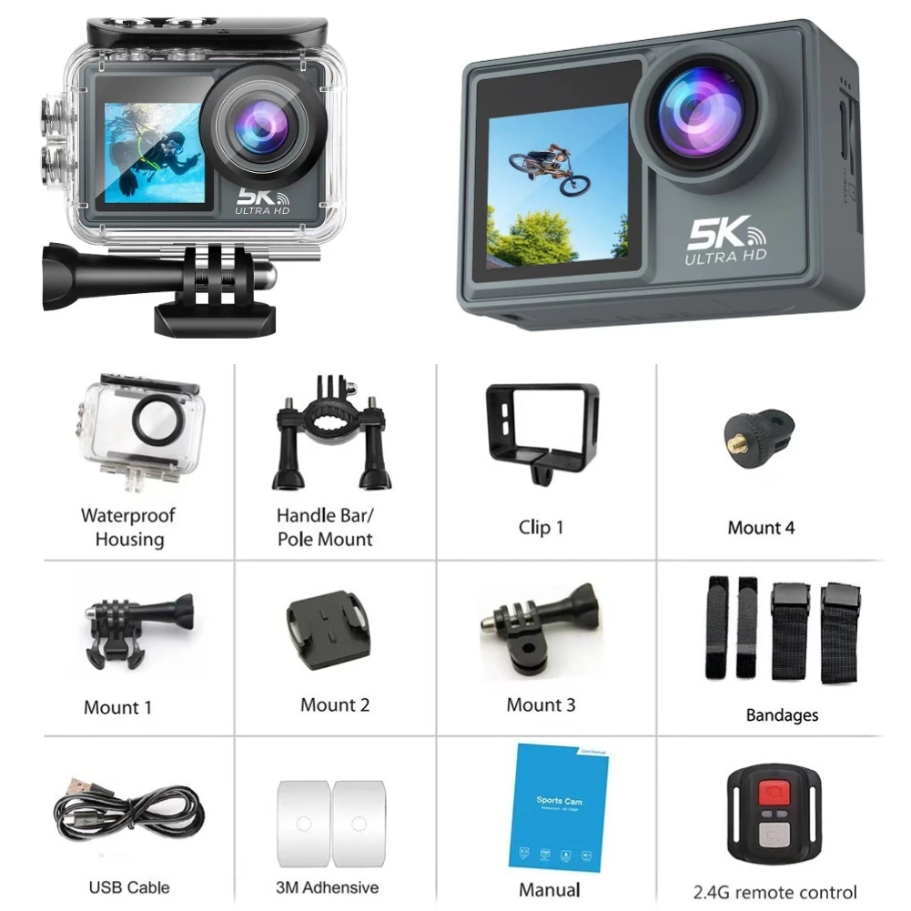 

5K 30FPS Action Camera Dual IPS Screen Waterproof Sport Camera 170° Wide Angle WiFi Anti-shake Action Camera 1080P Diving Cam