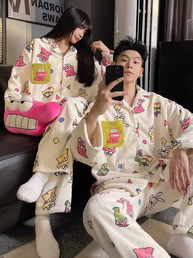 Couple Pajamas Winter Coral Fleece Thickened Fleece-lined Autumn and 2024 New Cute Men's Women Homewear