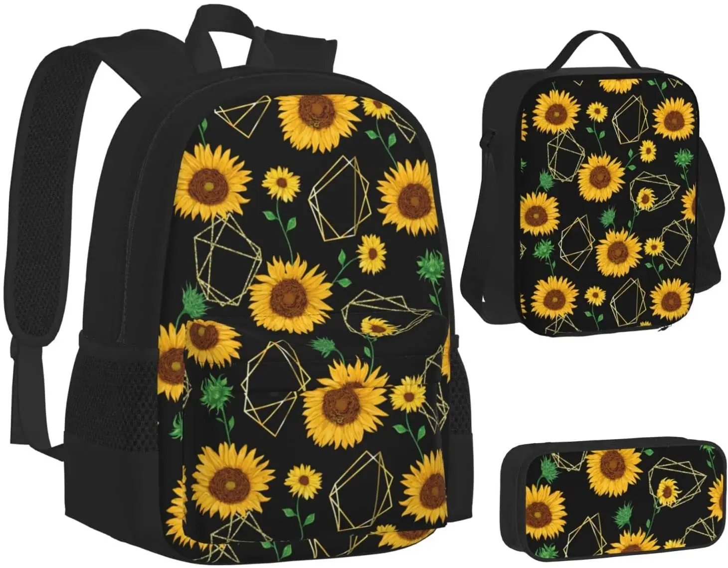 3Pcs Sunflower Flower Backpack Set with Lunch Box Pencil Case, School Book Bag for Preschool Kindergarten Elementary Kids
