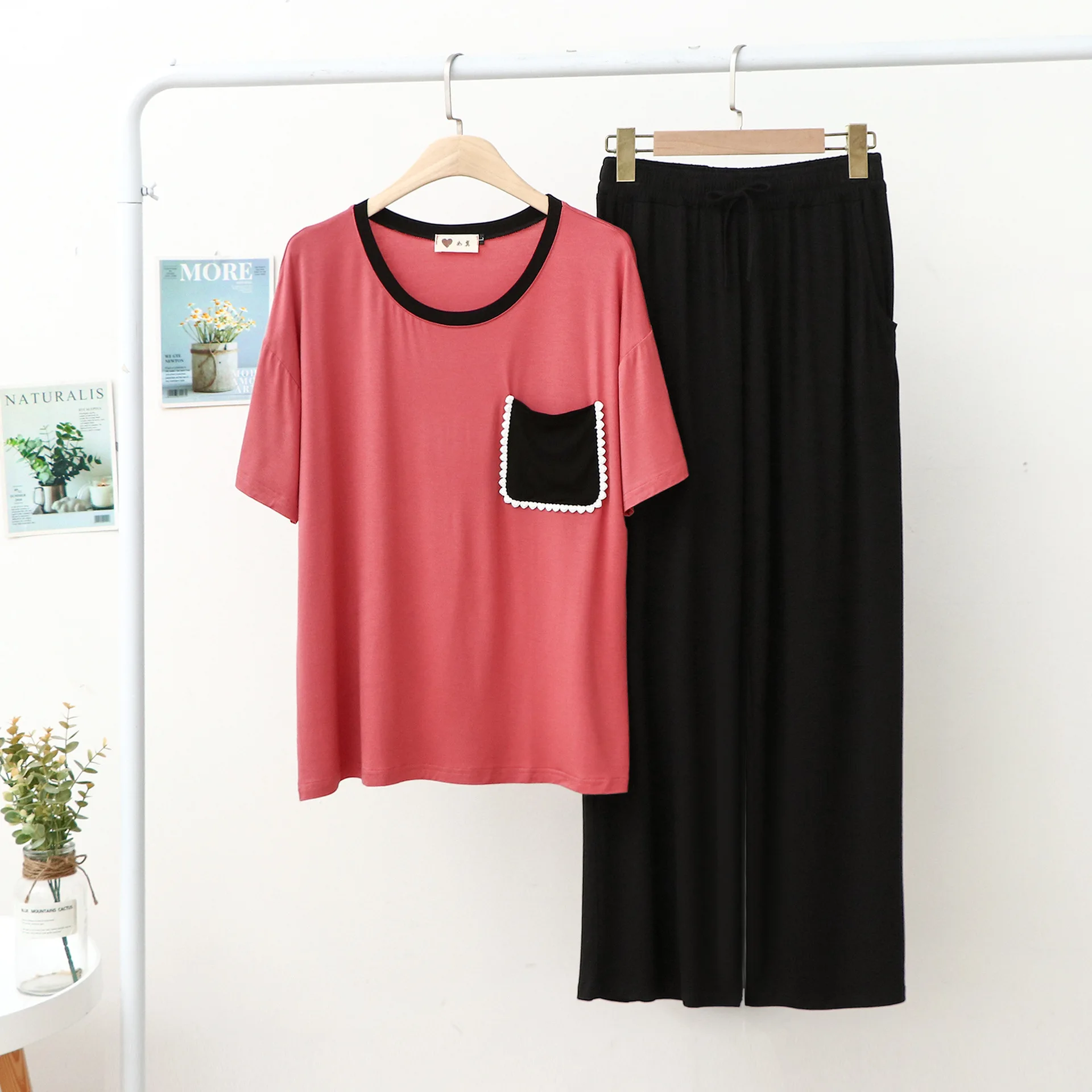 Modal Pajamas Set Women Home Wear Short Sleeve Trousers Contrasting Colors Round Neck Pocket Lace Show Temperament Leisure Suits