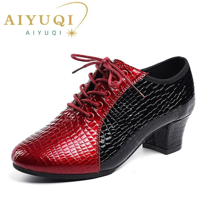 AIYUQI Latin Dancie Shoes Female 2023 Spring Real Leather Print Ladies square Dance Shoes Lace-up Jazz Dance Shoes Female