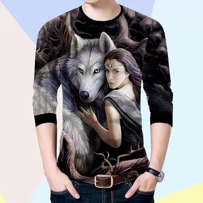 

Men T-Shirt Slim Long Sleeve Tees Tops Anime 3D Print Girl And Animal Autumn Summer Casual Men's Tshirts O-Neck Pullover Fashion